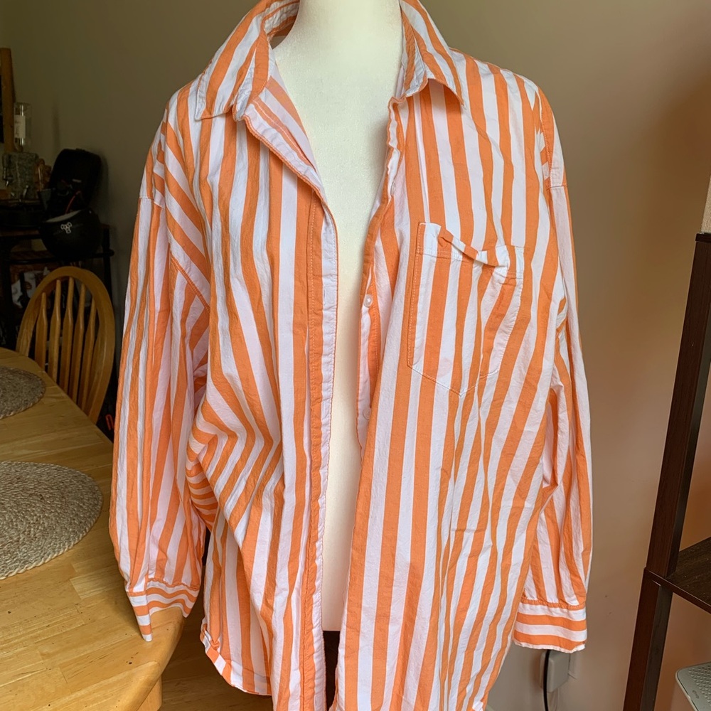 Orange and White Striped Button-Up Shirt